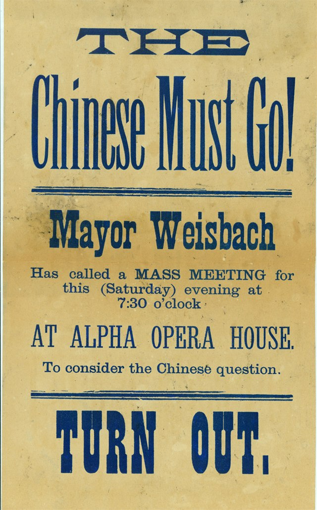 This 1885 Alpha Opera House poster (Tacoma, Washington Territory) is one of many examples of nativist and racist antagonism against Chinese immigrants. This poster was made three years after the Chinese Exclusion Act was passed / via Wikimedia Commons